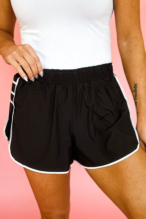 Pleated Piped Trim Sporty Active Casual Shorts