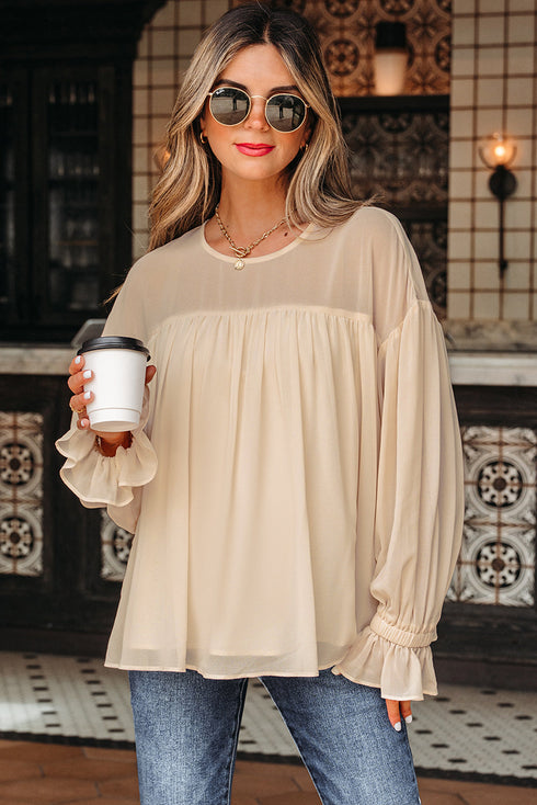 Pleated Ruffle Trim Long Sleeve Chiffon Blouse