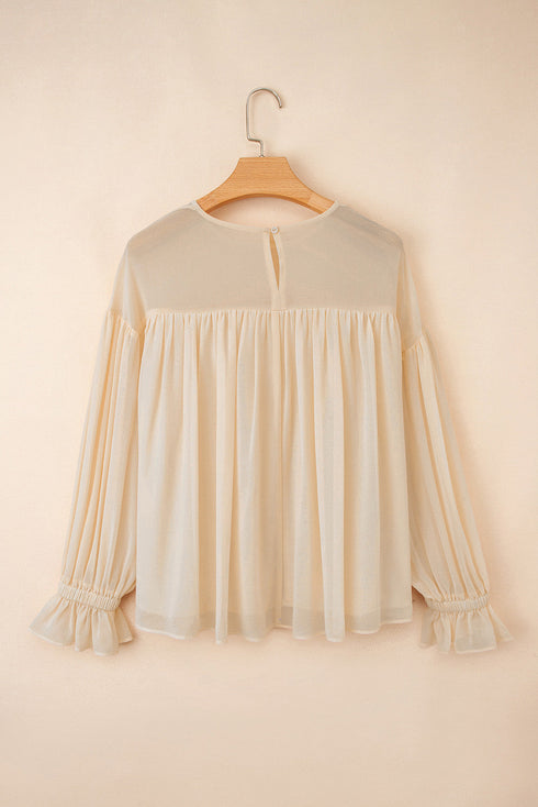 Pleated Ruffle Trim Long Sleeve Chiffon Blouse
