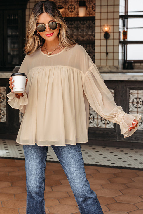 Pleated Ruffle Trim Long Sleeve Chiffon Blouse