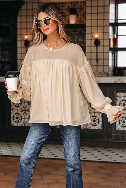 Pleated Ruffle Trim Long Sleeve Chiffon Blouse