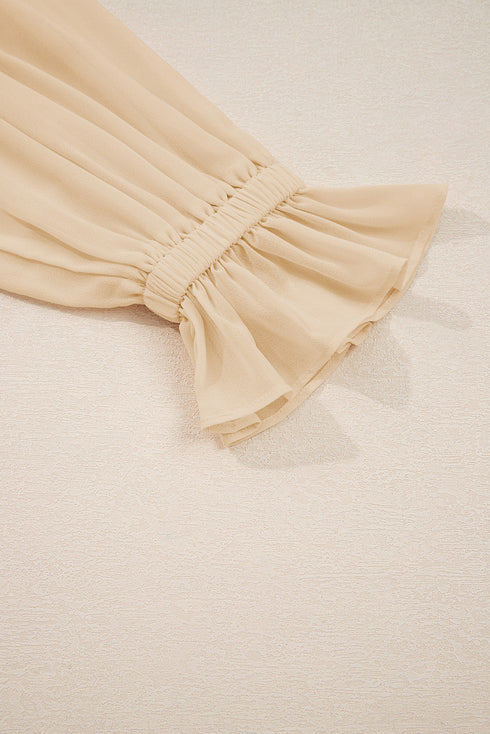 Pleated Ruffle Trim Long Sleeve Chiffon Blouse