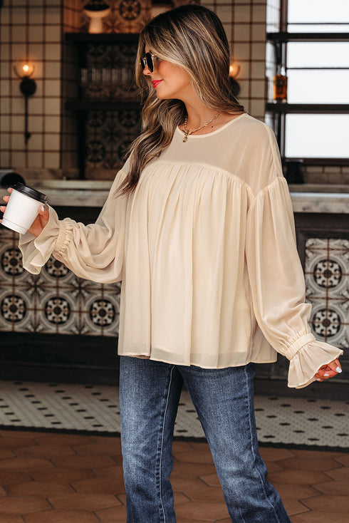 Pleated Ruffle Trim Long Sleeve Chiffon Blouse