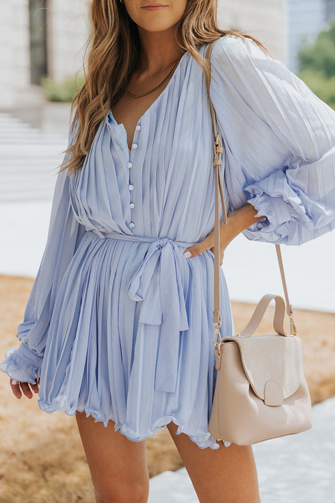Pleated Ruffled Tie Waist Buttons V Neck Romper
