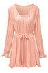 Pleated Ruffled Tie Waist Buttons V Neck Romper