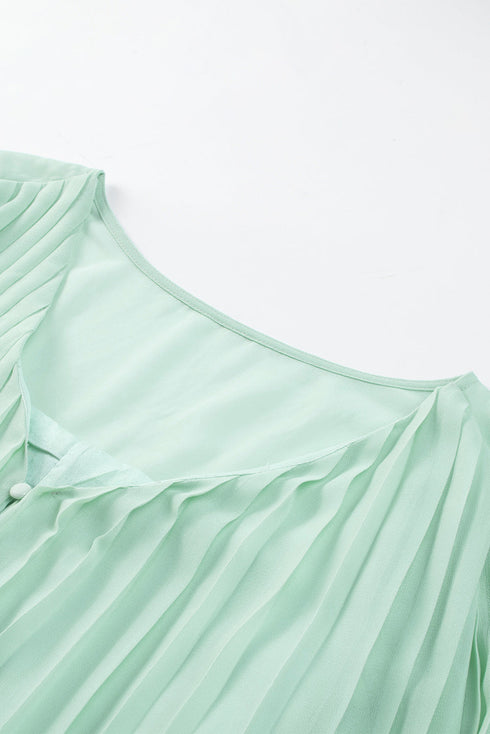 Pleated Ruffled Tie Waist Buttons V Neck Romper