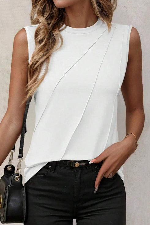 Pleated Texture Crew Neck Sleeveless Everyday Essential Tank