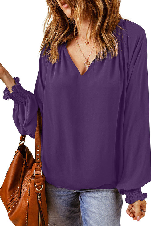 Pleated V Neck Puffy Sleeve Blouse