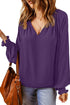 Pleated V Neck Puffy Sleeve Blouse