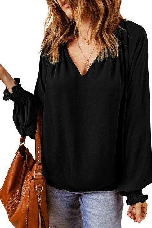 Pleated V Neck Puffy Sleeve Blouse