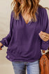 Pleated V Neck Puffy Sleeve Blouse