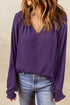 Pleated V Neck Puffy Sleeve Blouse