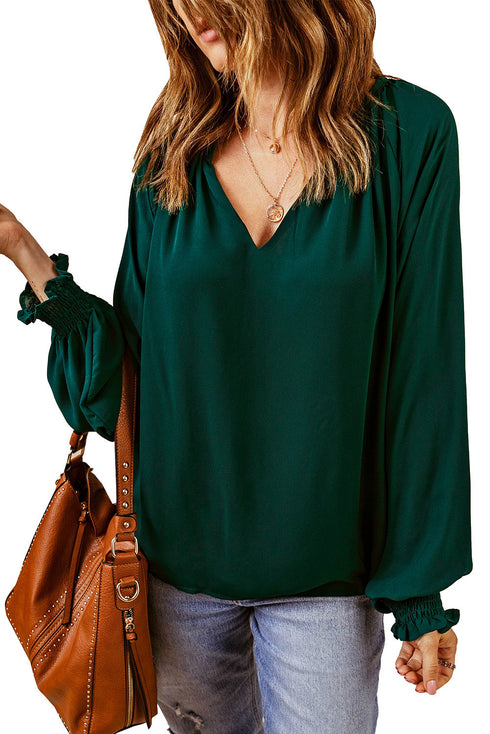 Pleated V Neck Puffy Sleeve Blouse