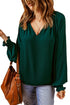Pleated V Neck Puffy Sleeve Blouse