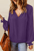 Pleated V Neck Puffy Sleeve Blouse