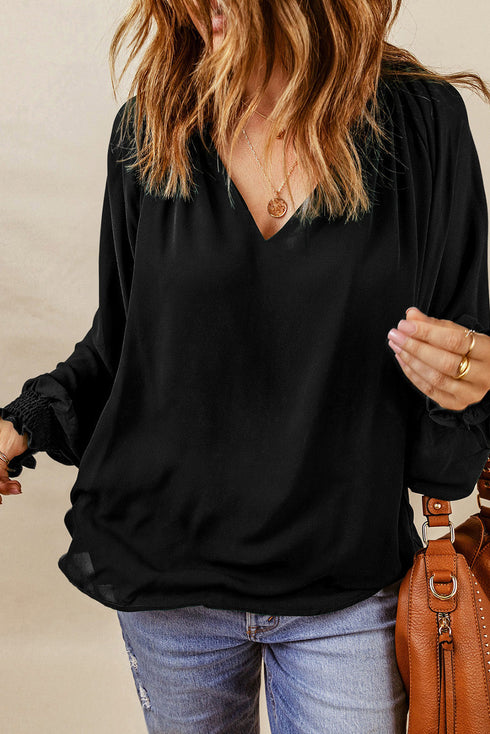 Pleated V Neck Puffy Sleeve Blouse