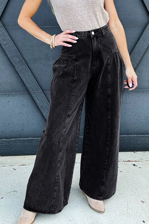 Pleated Wide Leg Mineral Wash Denim Jeans