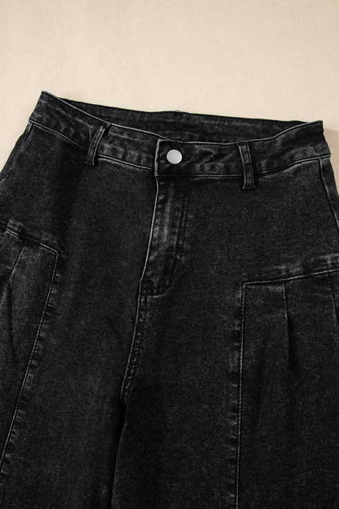 Pleated Wide Leg Mineral Wash Denim Jeans