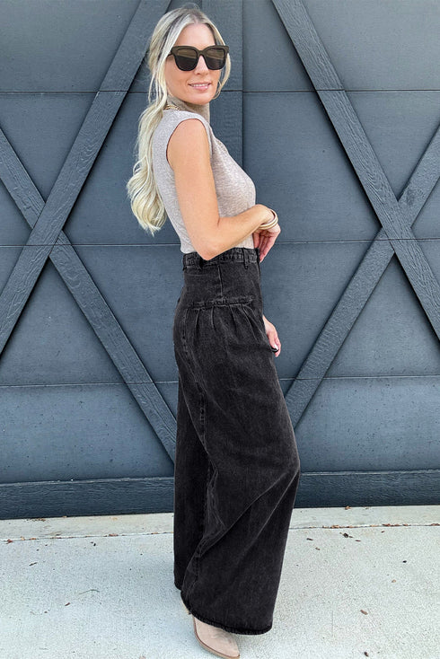Pleated Wide Leg Mineral Wash Denim Jeans