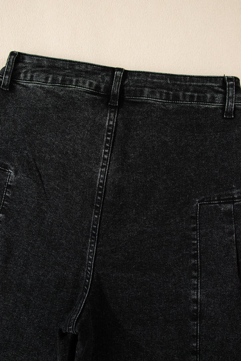 Pleated Wide Leg Mineral Wash Denim Jeans
