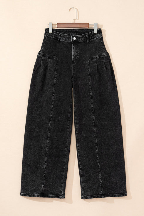 Pleated Wide Leg Mineral Wash Denim Jeans