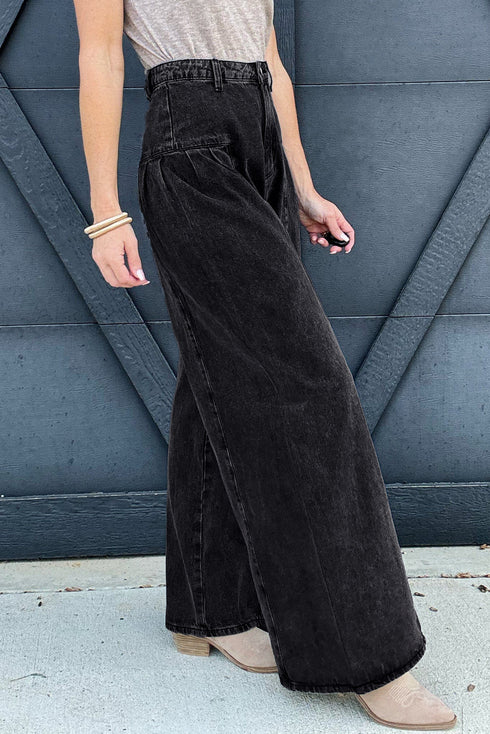 Pleated Wide Leg Mineral Wash Denim Jeans