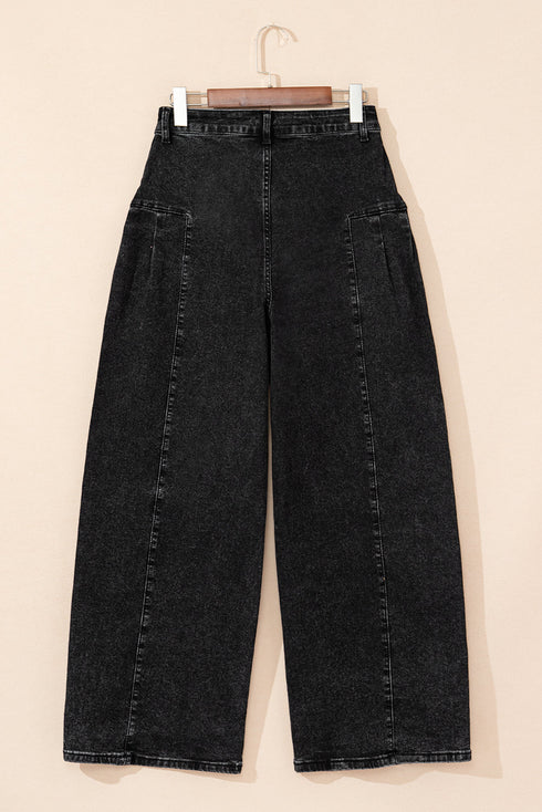 Pleated Wide Leg Mineral Wash Denim Jeans