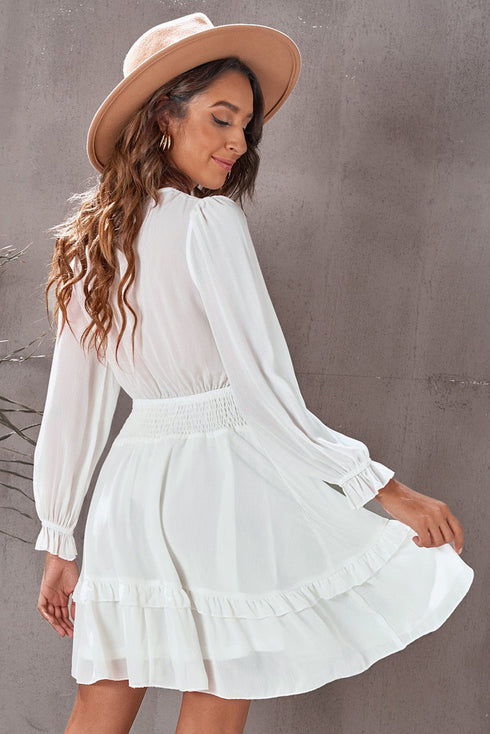 Plunging V Neck Lantern Sleeve Knotted Tiered Mini Dress