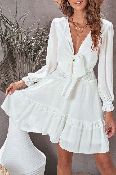 Plunging V Neck Lantern Sleeve Knotted Tiered Mini Dress