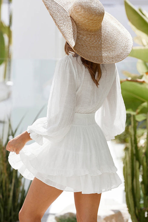 Plunging V Neck Lantern Sleeve Knotted Tiered Mini Dress