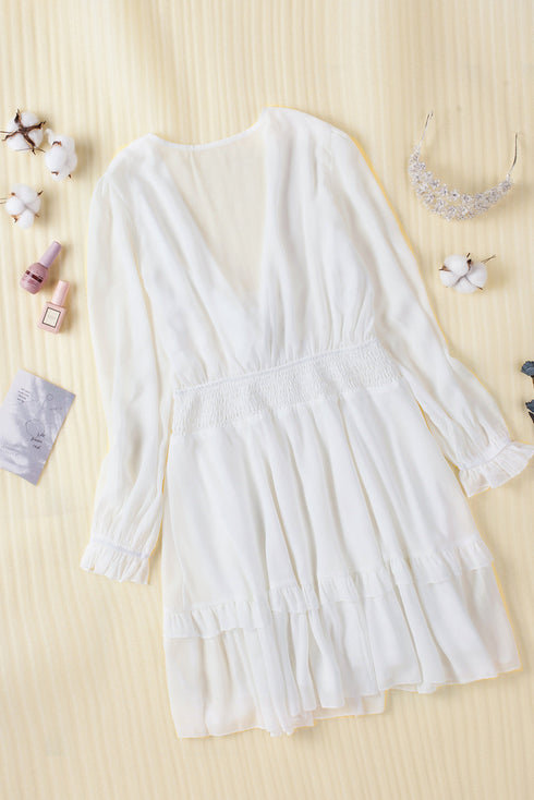 Plunging V Neck Lantern Sleeve Knotted Tiered Mini Dress