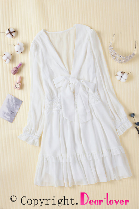 Plunging V Neck Lantern Sleeve Knotted Tiered Mini Dress