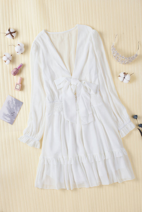 Plunging V Neck Lantern Sleeve Knotted Tiered Mini Dress