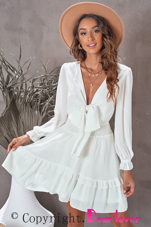 Plunging V Neck Lantern Sleeve Knotted Tiered Mini Dress