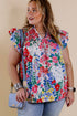Plus Floral Print Ruffle Cap Sleeve V Neck Blouse