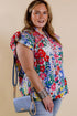 Plus Floral Print Ruffle Cap Sleeve V Neck Blouse