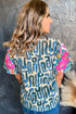 Plus Size Abstract Print Floral Embroidered Puff Sleeve Blouse