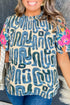 Plus Size Abstract Print Floral Embroidered Puff Sleeve Blouse