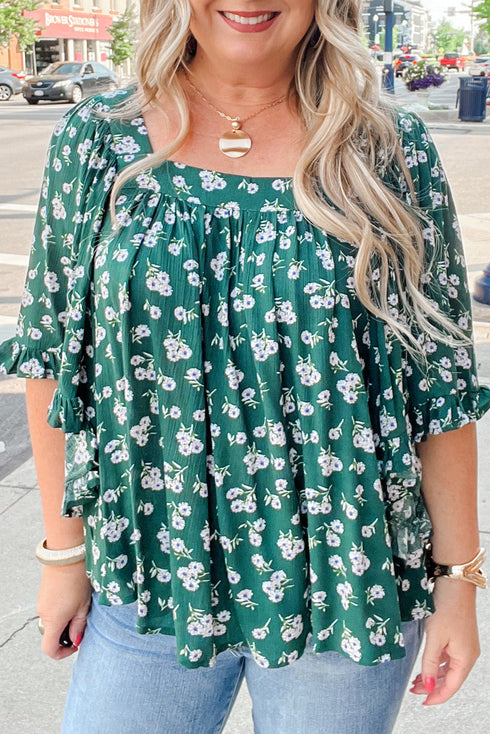 Plus Size Abstract Print Floral Embroidered Puff Sleeve Blouse