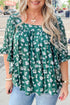 Plus Size Abstract Print Floral Embroidered Puff Sleeve Blouse