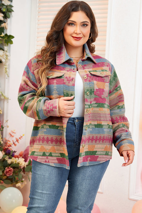 Plus Size Aztec Print Western Flap Pocket Shacket