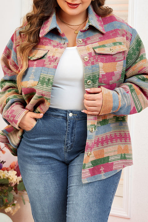 Plus Size Aztec Print Western Flap Pocket Shacket