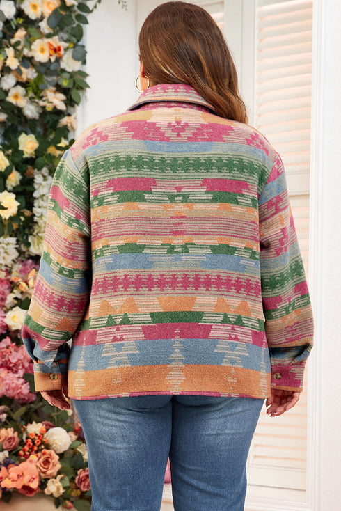 Plus Size Aztec Print Western Flap Pocket Shacket