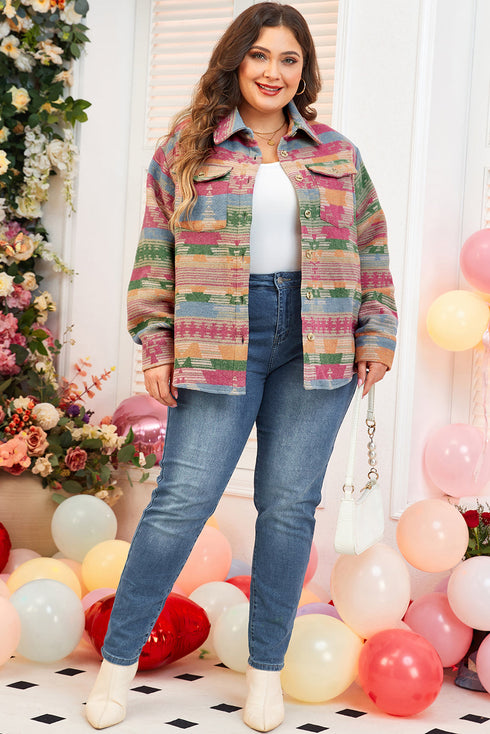 Plus Size Aztec Print Western Flap Pocket Shacket