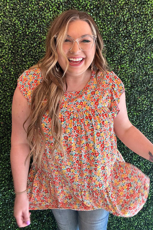 Plus Size Boho Floral Print Ruffle Tiered Top