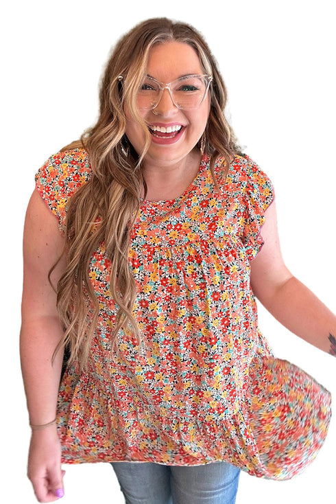 Plus Size Boho Floral Print Ruffle Tiered Top