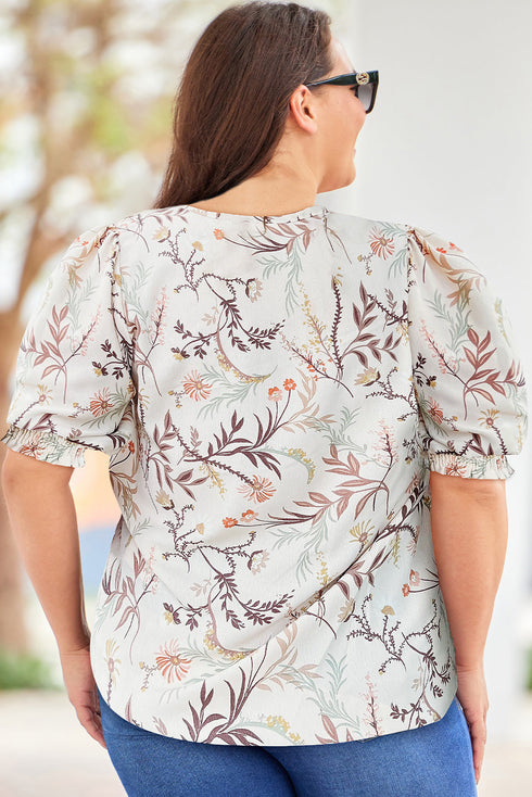 Plus Size Botanical Print Puff Sleeve Blouse