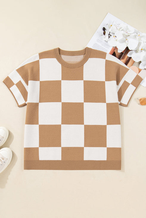 Plus Size Checkered Print Short Sleeve Knit Sweater