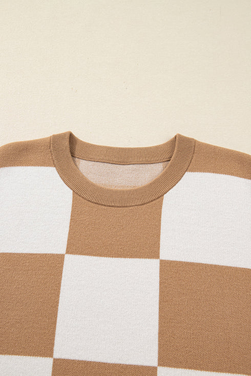 Plus Size Checkered Print Short Sleeve Knit Sweater