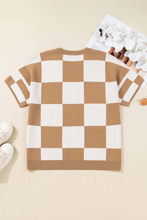 Plus Size Checkered Print Short Sleeve Knit Sweater